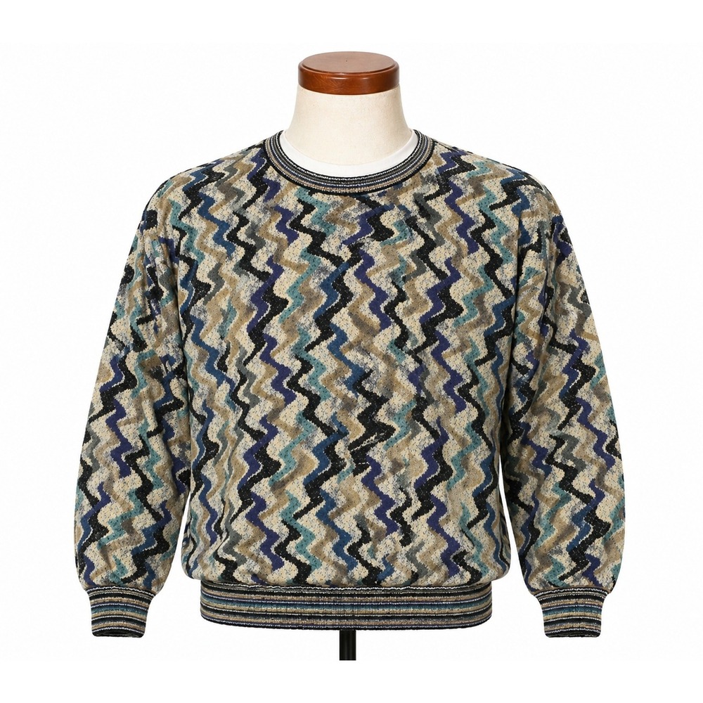Jhane Barnes Vintage Mens XL Zig Zag Geometric Knit Crewneck Sweater Multi Color